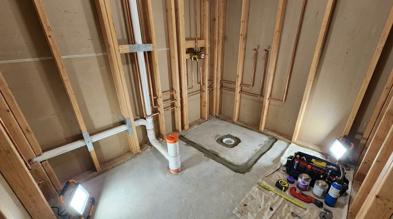Bathroom rough-in plumbing during remodel by Johns Plumbing LLC in Dane
