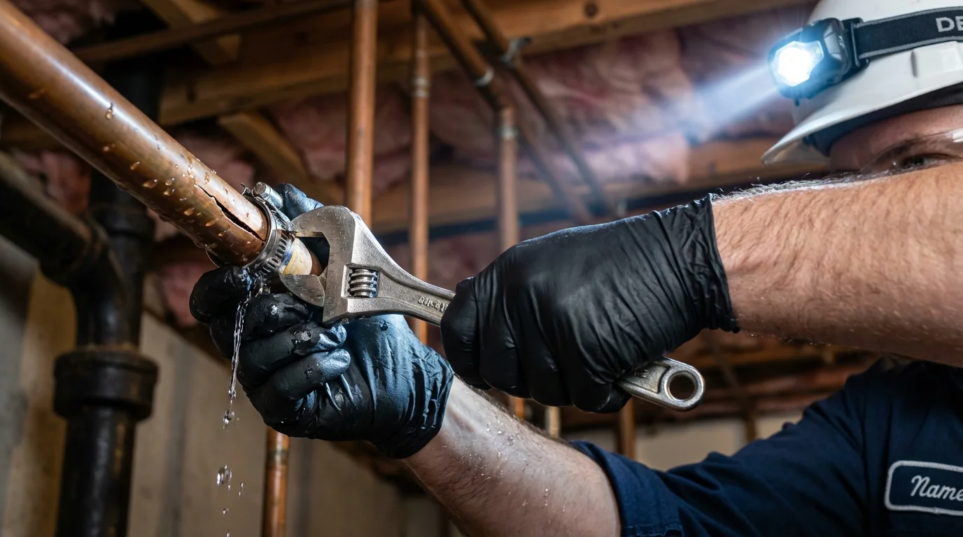 Emergency pipe clamp repair being performed by a Johns Plumbing LLC plumber in Dane