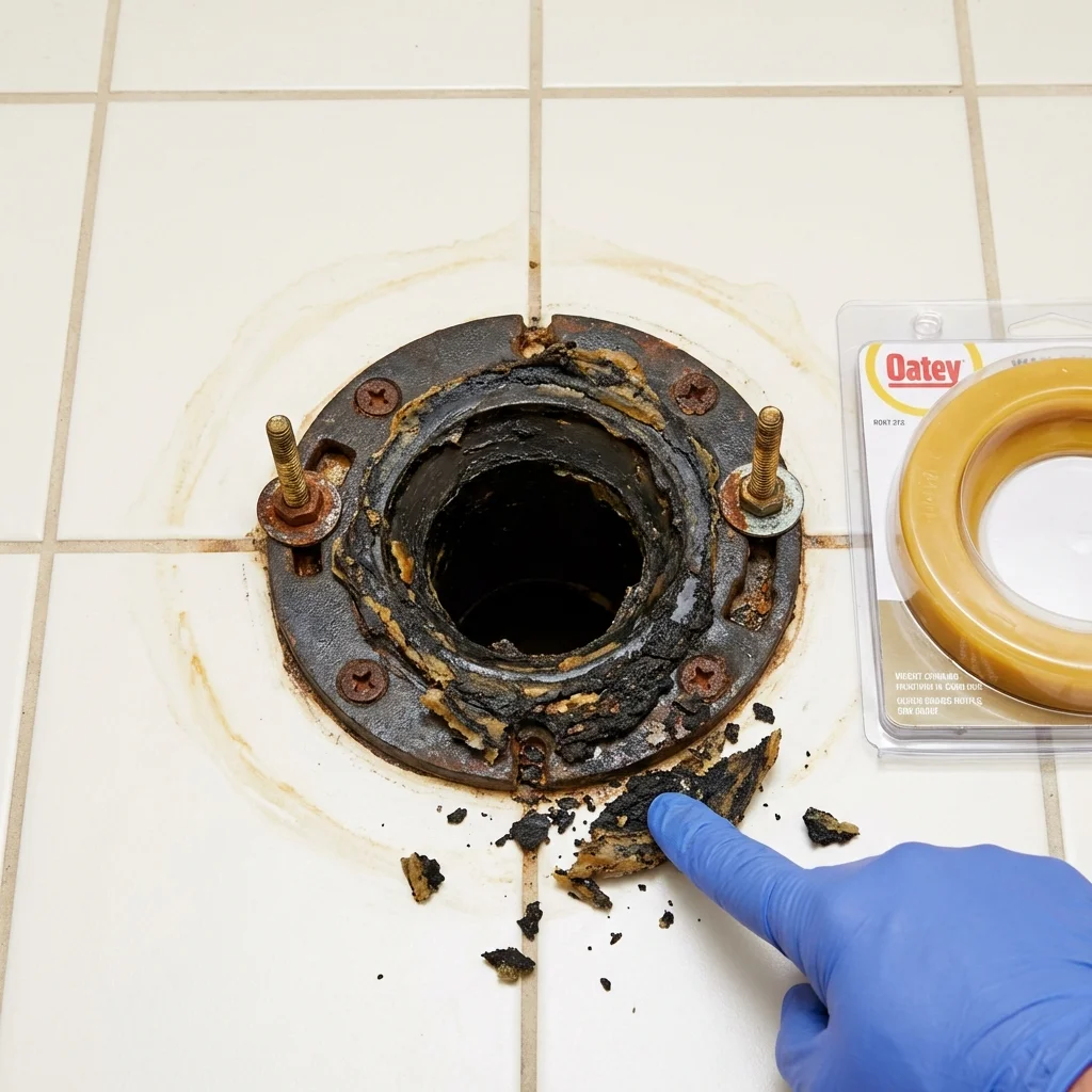 Failed wax ring showing water seepage at the base of a toilet in a Dane, WI home